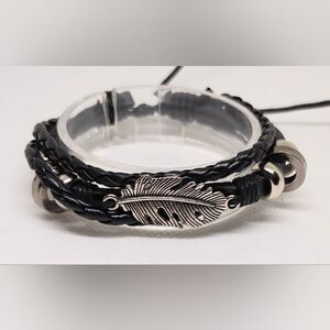 Men's‎ leather bracelet braided layered feather black new e68